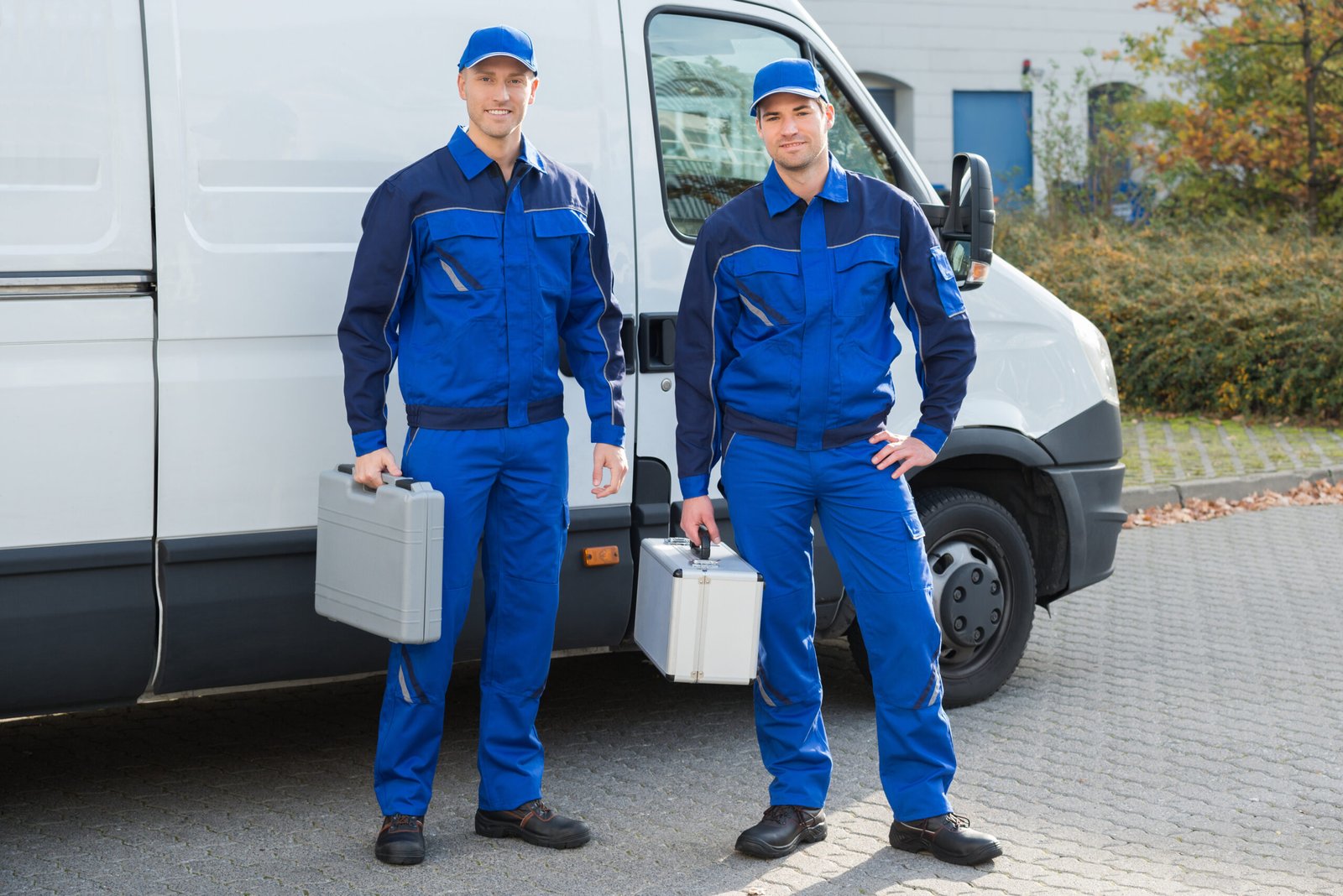 Full length portrait of confident technicians standing against truck on street